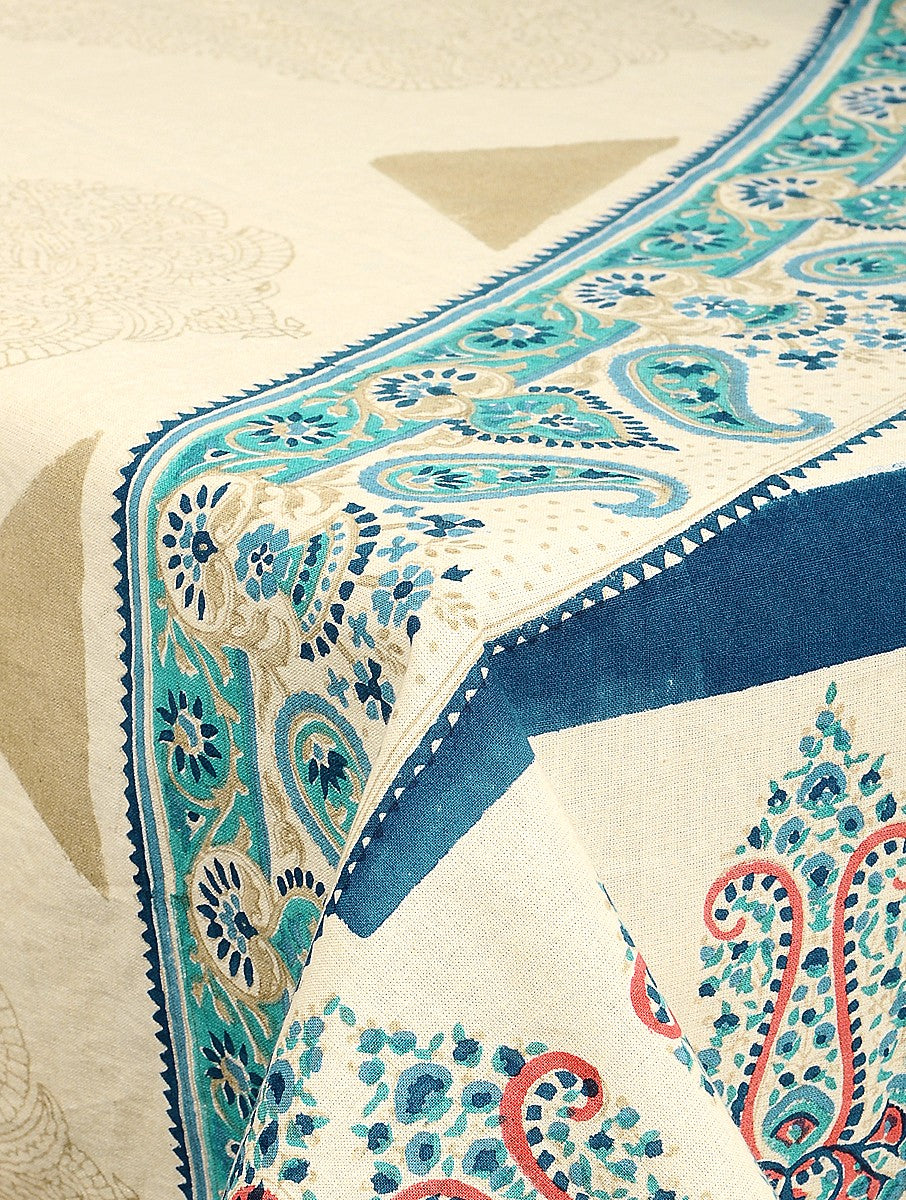 Close-up of hand block print on organic cotton table cover | Myyra Jaipur