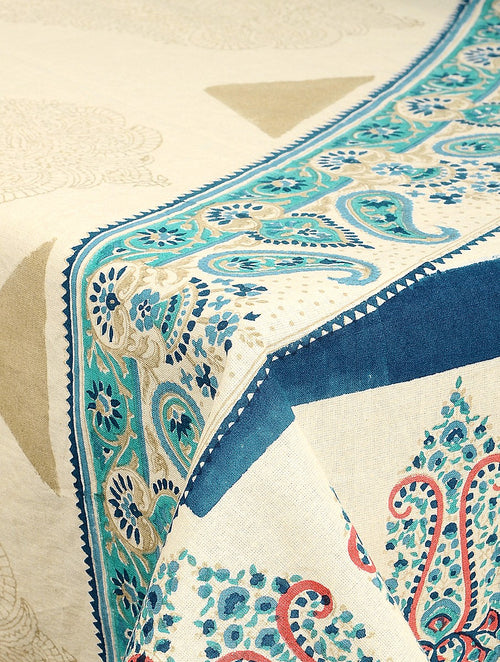 Close-up of hand block print on organic cotton table cover | Myyra Jaipur