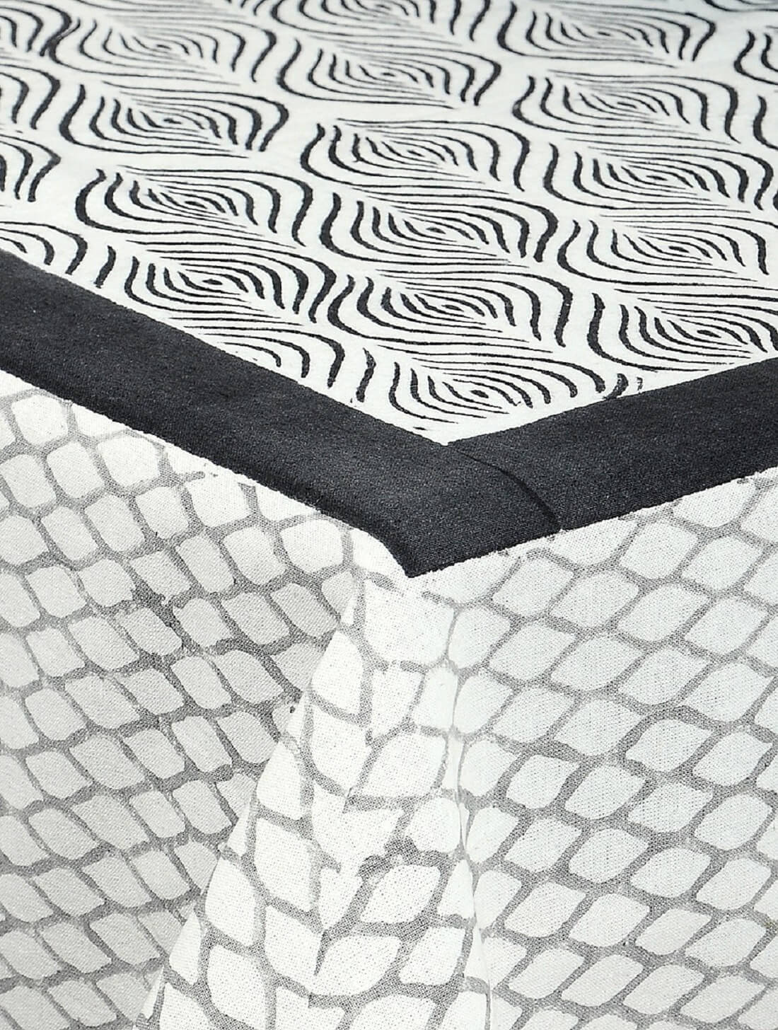 Close-up of hand block print on organic cotton table cover | Myyra Jaipur