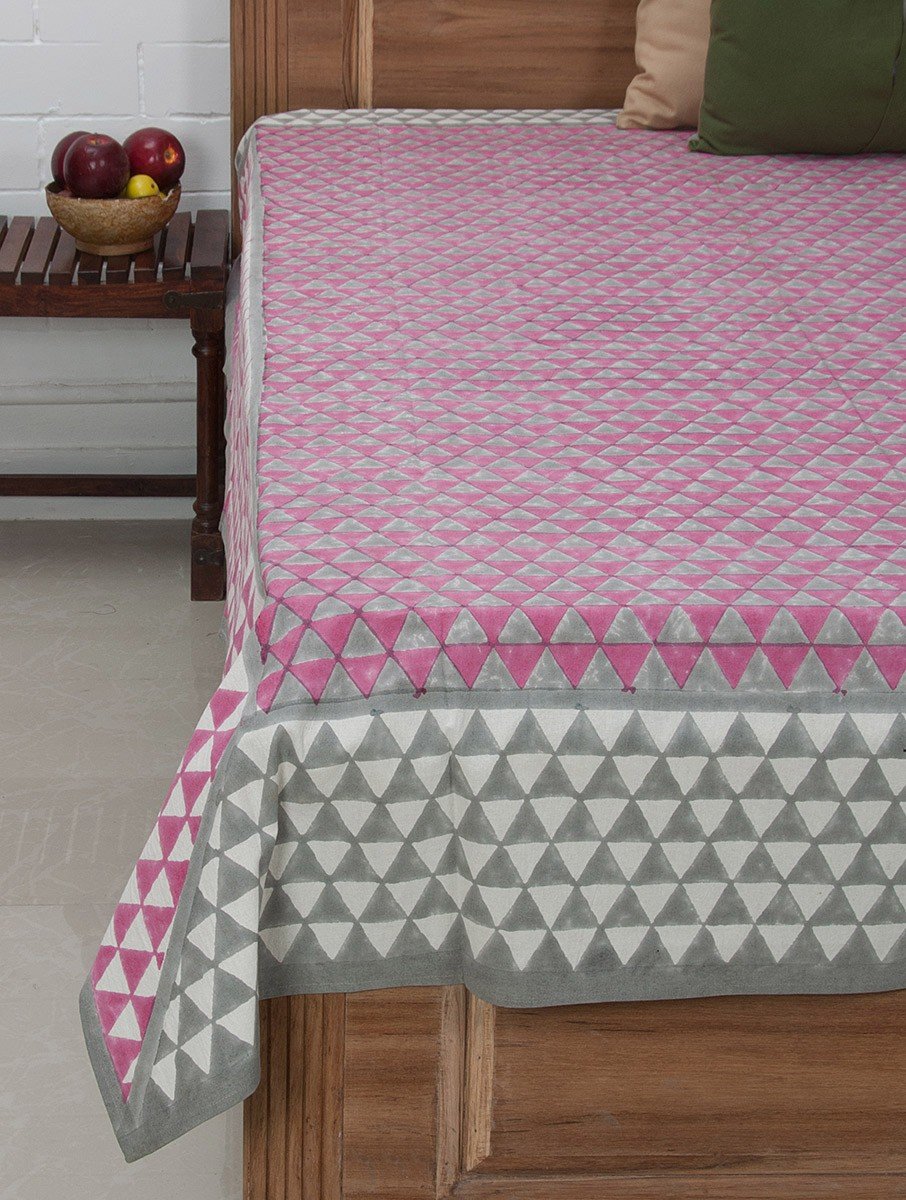 Pink, ivory and grey hand block printed organic cotton bed sheet | Myyra Jaipur