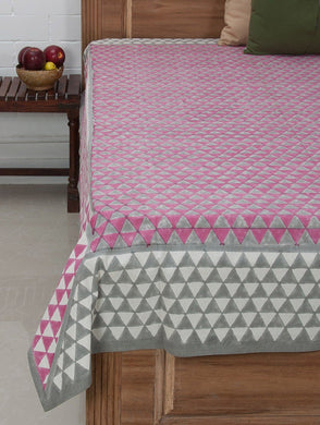Pink Ivory Grey Cotton Hand Block Printed Bed Sheet