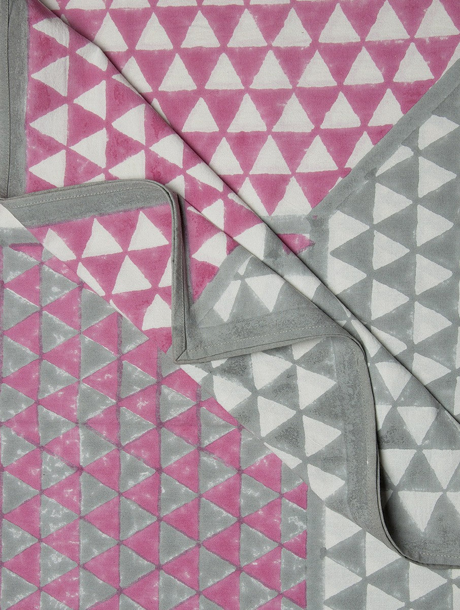 Pink-Ivory-Grey Cotton Hand-Block Printed Bed Cover - MYYRA