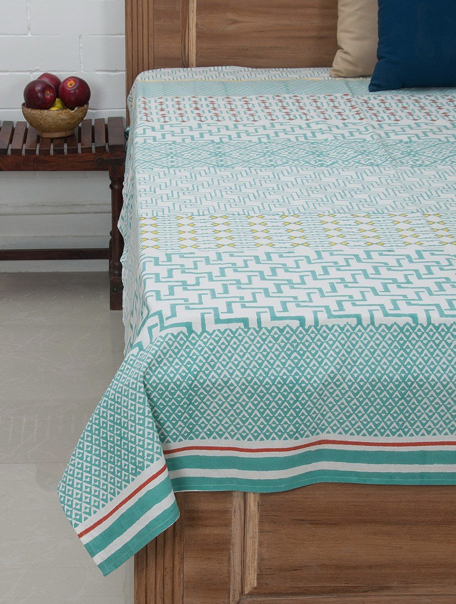 White Green Cotton Hand Block Printed Bed Sheet