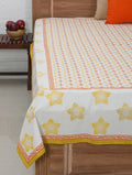 White, yellow and orange hand block printed organic cotton bed cover | Myyra Jaipur