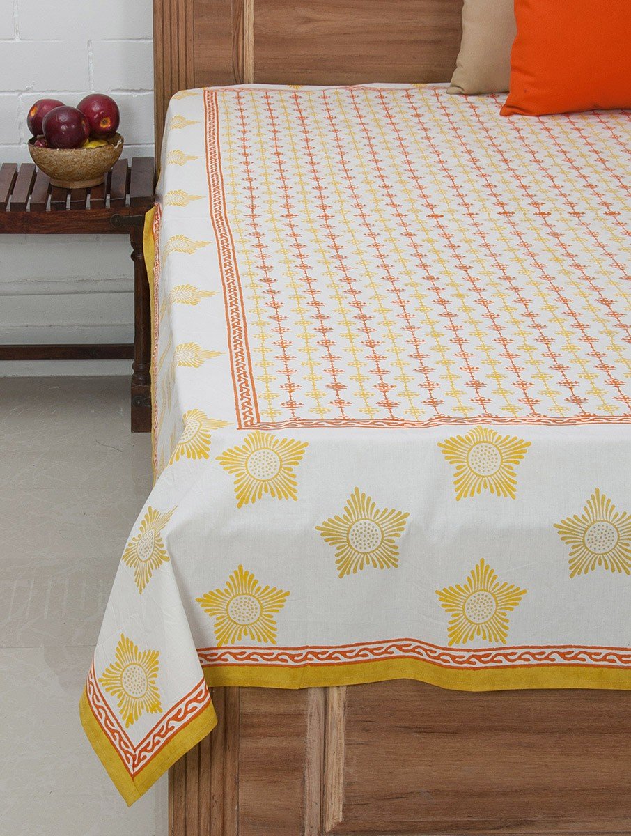 White Yellow Orange Cotton Hand-Block Printed Bed Sheet