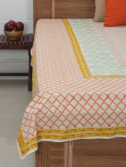 Cyan, white and orange hand block printed organic cotton bed cover | Myyra Jaipur