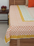 Cyan, white and orange hand block printed organic cotton bed sheet | Myyra Jaipur