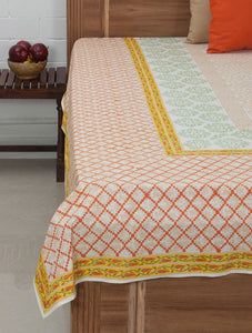 Cyan White Orange Cotton Hand Block Printed Bed Sheet