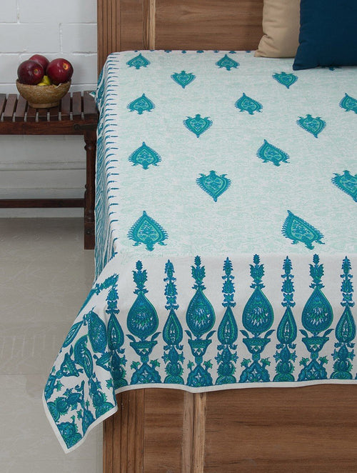 Blue, green and white hand block printed organic cotton bed sheet | Myyra Jaipur
