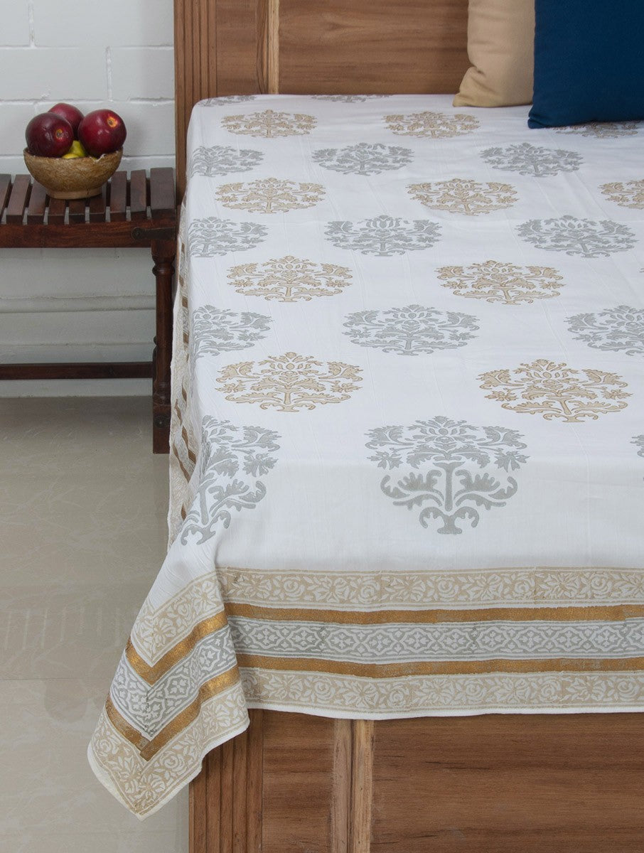 Grey, beige and white hand block printed organic cotton bed cover | Myyra Jaipur