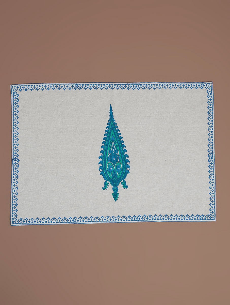 White, blue and green hand block printed organic cotton placemat | Myyra Jaipur