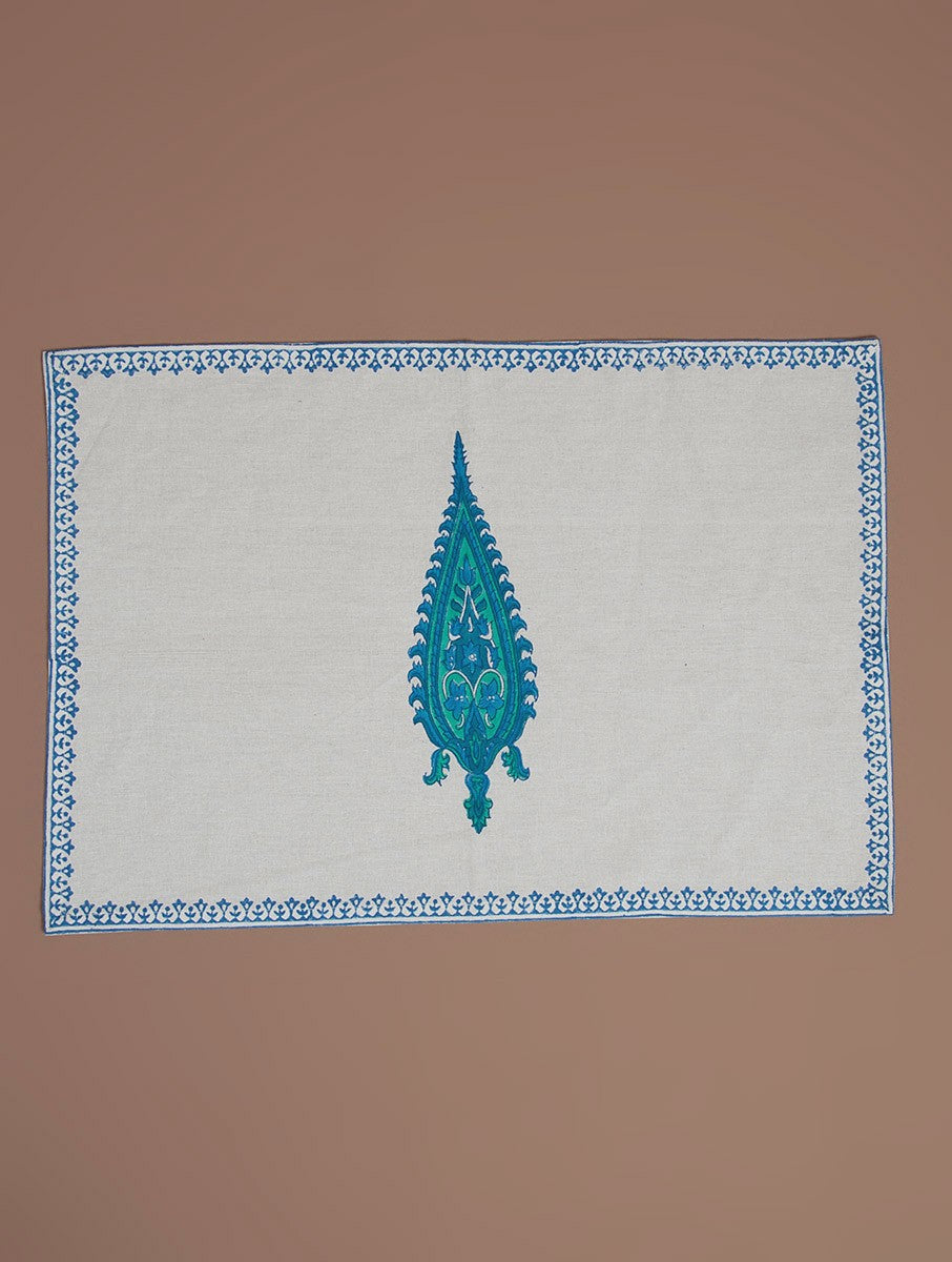 White-Blue-Green Cotton Hand-Block Printed Placemat - MYYRA