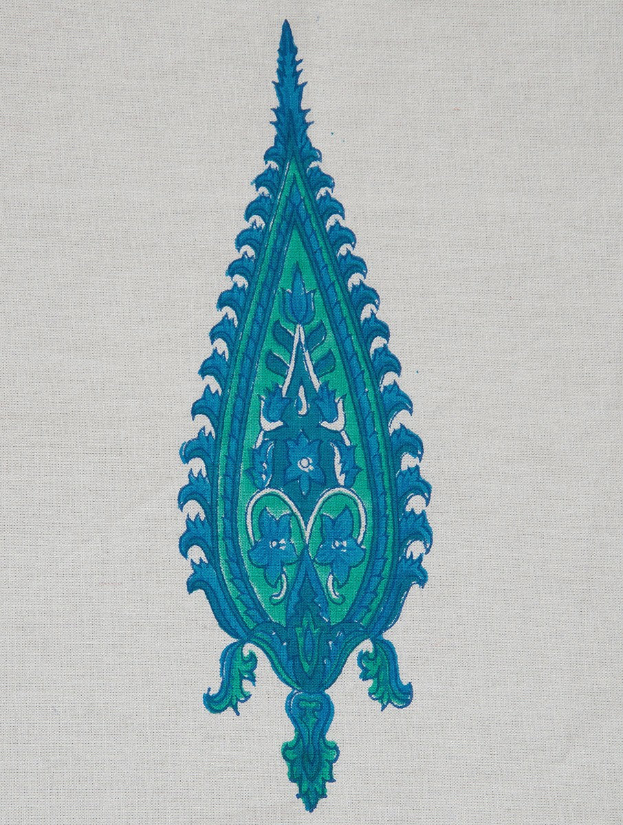 Close-up of white, blue and green hand block print on organic cotton placemat | Myyra Jaipur