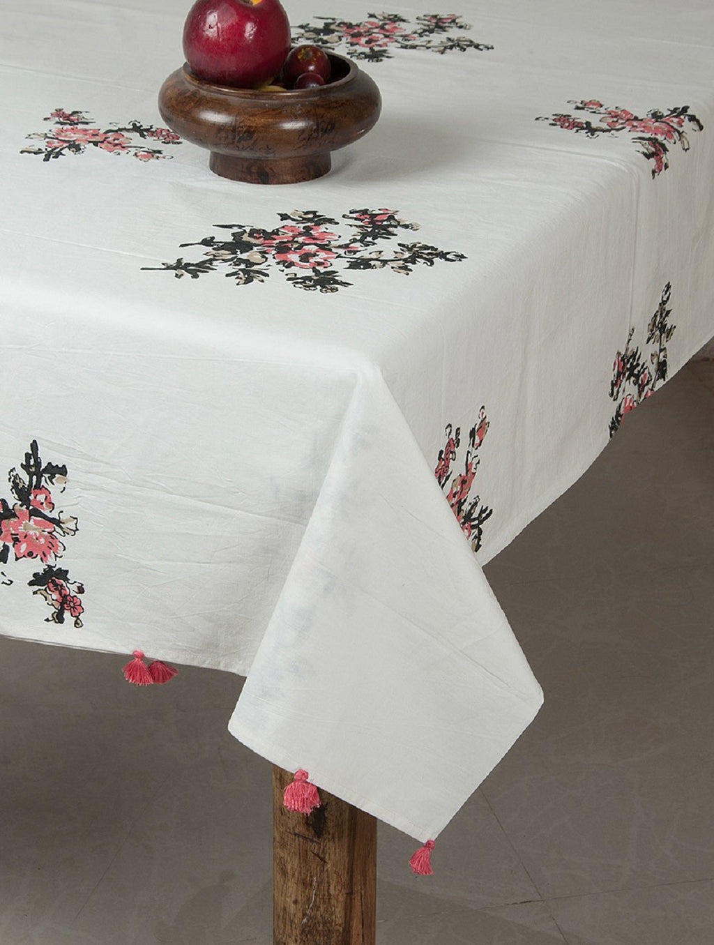 White, black and pink hand block printed organic cotton table cover | Myyra Jaipur