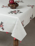 White, black and pink hand block printed organic cotton table cover | Myyra Jaipur