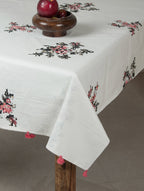 White, black and pink hand block printed organic cotton table cover | Myyra Jaipur