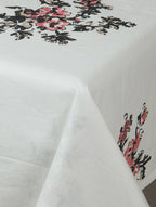 Close-up of white, black and pink hand block print on organic cotton table cover | Myyra Jaipur