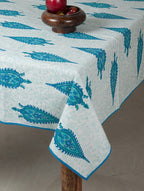 Blue and green hand block printed organic cotton table cover with paisley pattern | Myyra Jaipur