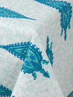 Close-up of blue and green paisley hand block print on organic cotton table cover | Myyra Jaipur