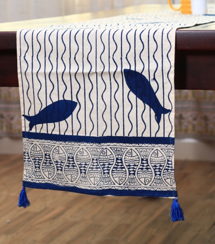 Close-up of hand block print on organic cotton table runner | Myyra Jaipur