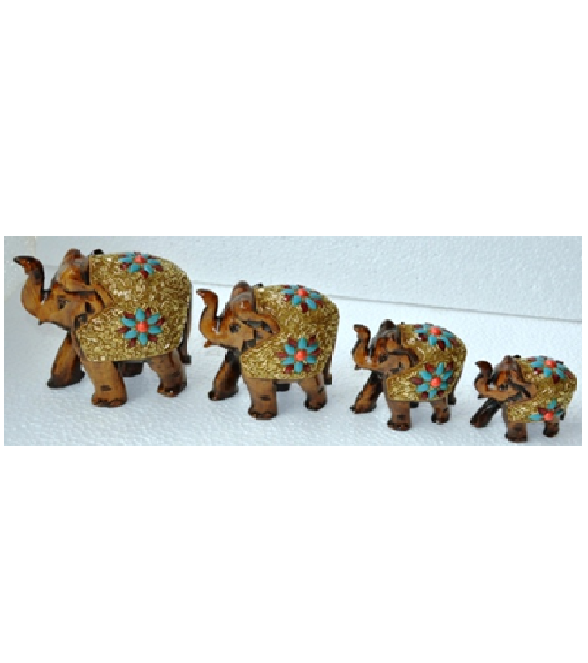 WOODEN GOLD WORK ELEPHANT SET OF  4 PCS . SIZE ( 3''-4''-5''-6'' )MYWH2858 - MYYRA
