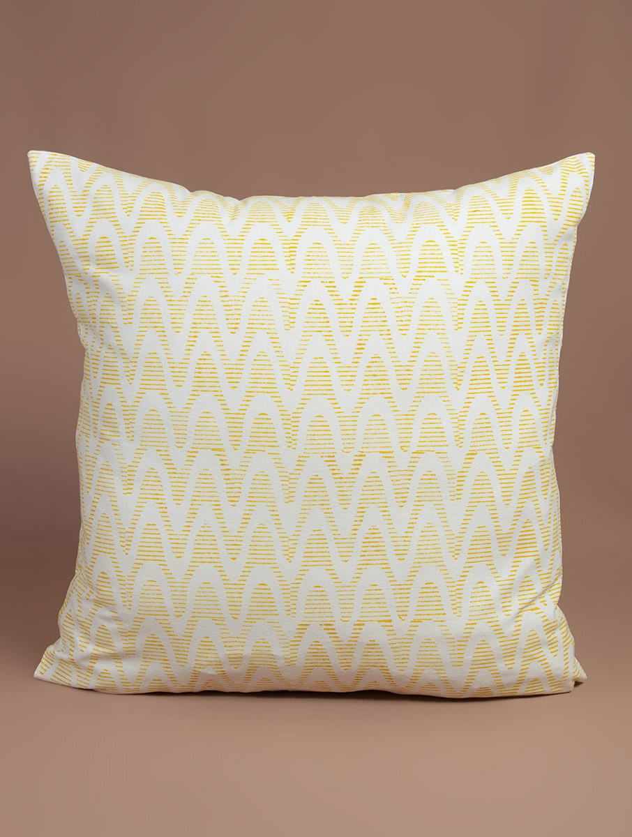 Yellow and white hand block printed organic cotton cushion cover | Myyra Jaipur