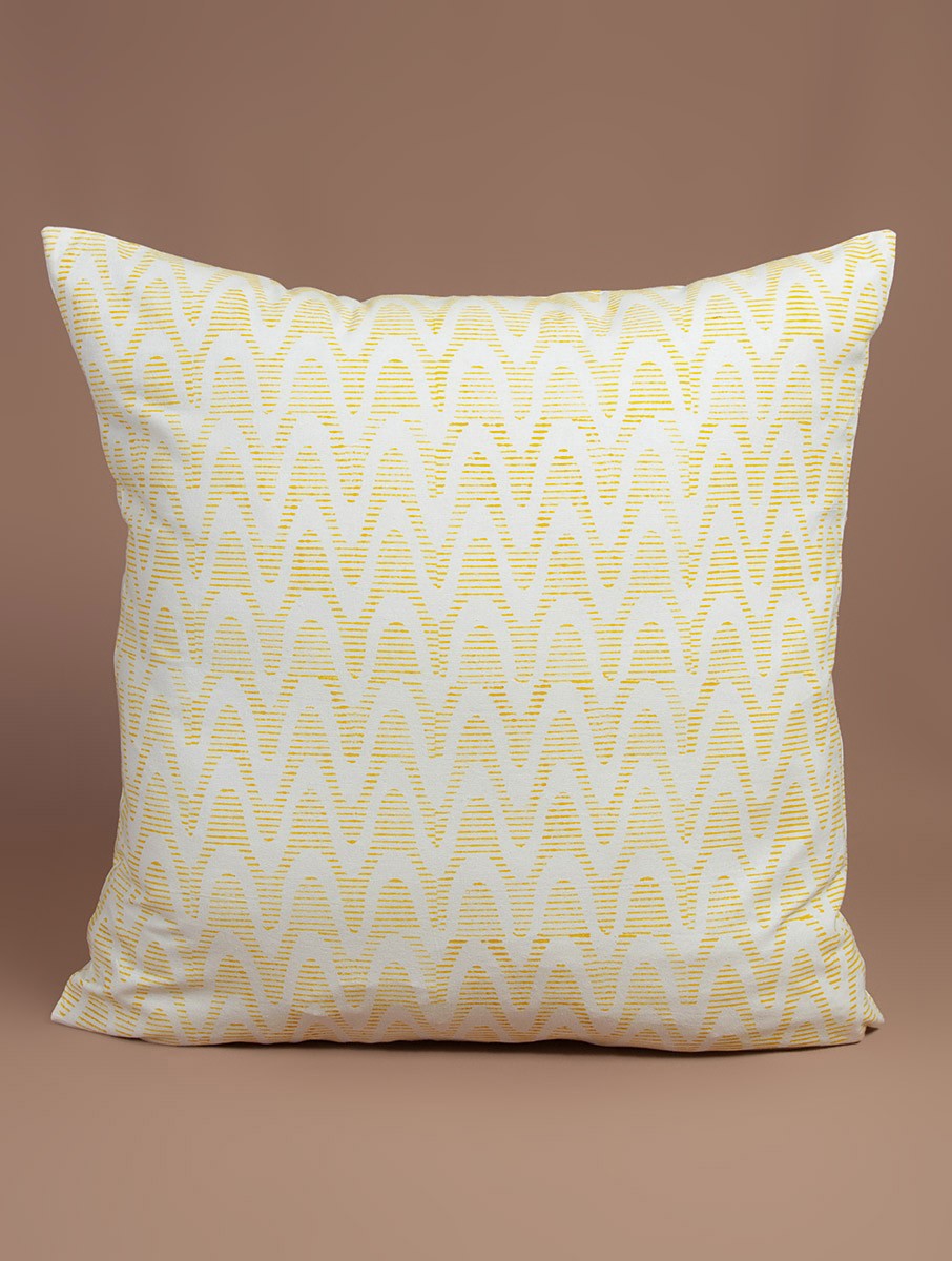 Yellow-White Cotton Hand-Block Printed Cushion Cover - MYYRA