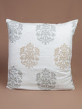 Beige, grey and white hand block printed organic cotton cushion cover | Myyra Jaipur