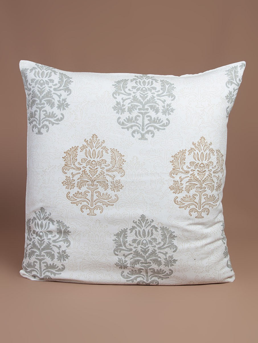 White-Beige-Grey Cotton Hand-Block Printed Cushion Cover - MYYRA