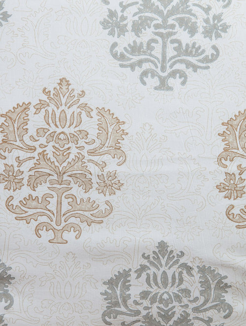 Close-up of beige, grey and white hand block print on organic cotton cushion cover | Myyra Jaipur