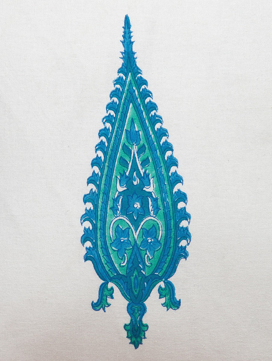 Close-up of hand block print on organic cotton cushion cover | Myyra Jaipur