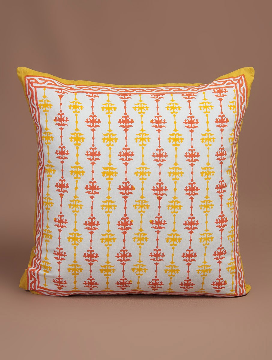 Red, yellow and white hand block printed organic cotton cushion cover | Myyra Jaipur