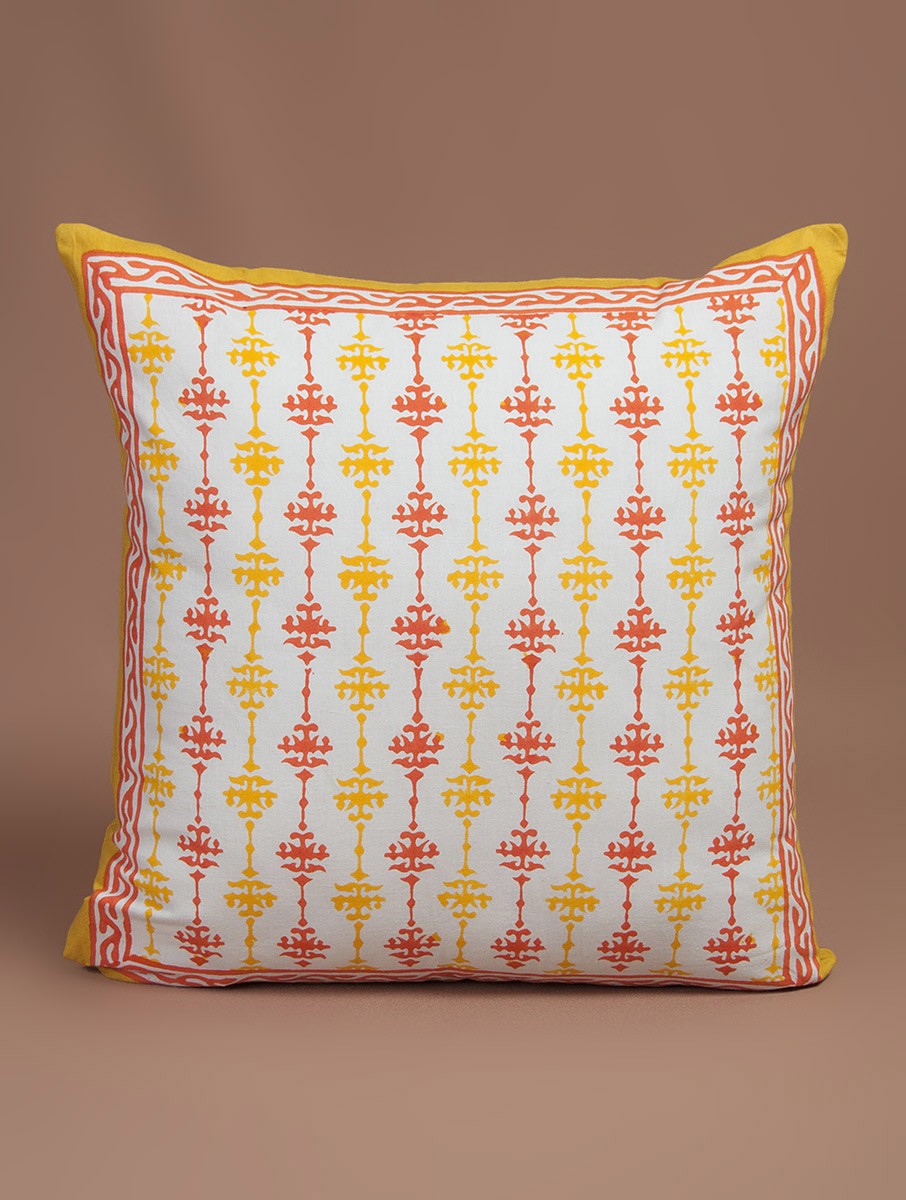 Red-Yellow-White Cotton Hand-Block Printed Cushion Cover - MYYRA