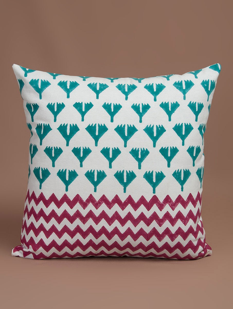 Red-Green-White Cotton Hand-Block Printed Cushion Cover - MYYRA