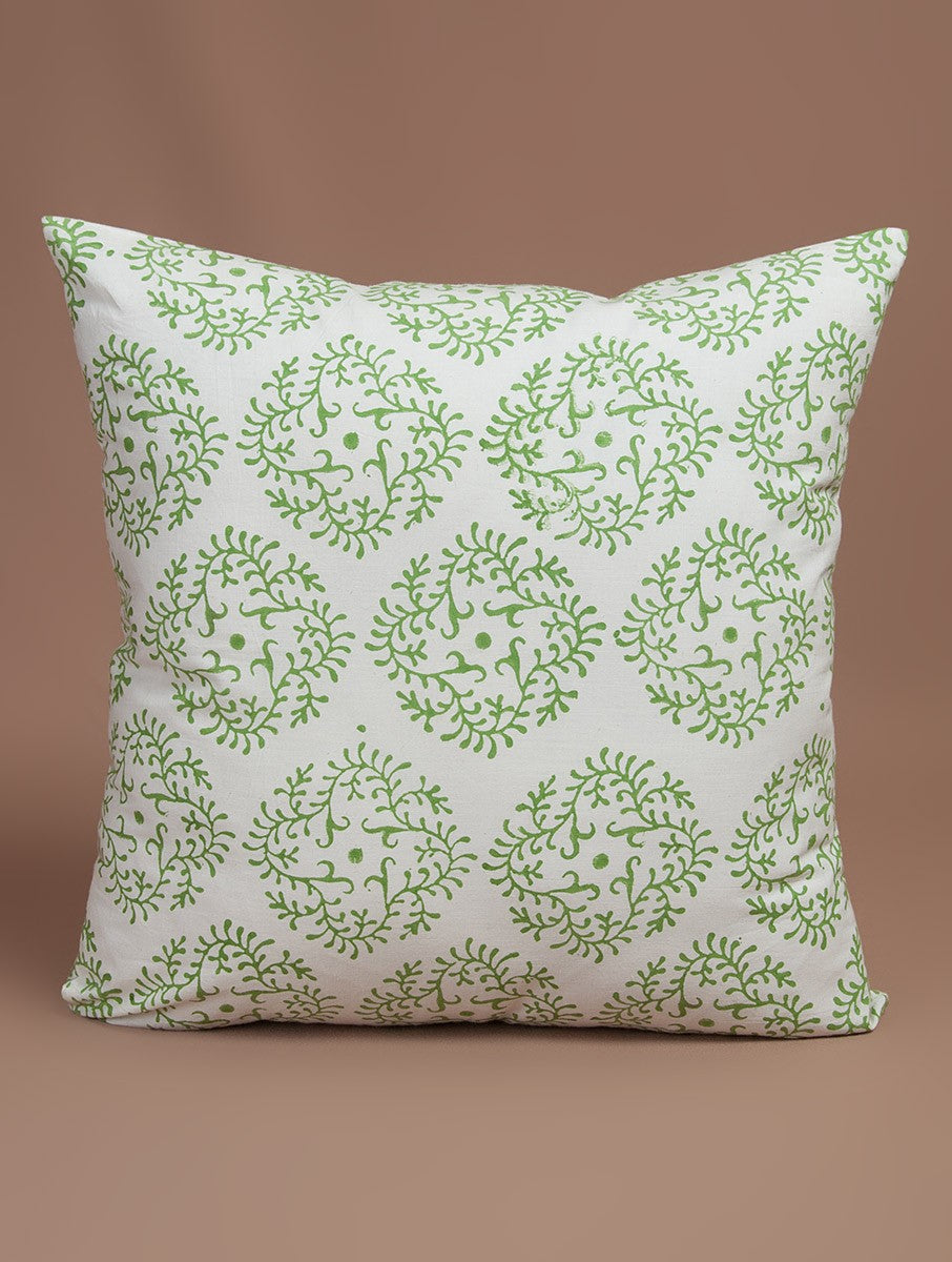 Green and white hand block printed organic cotton cushion cover | Myyra Jaipur