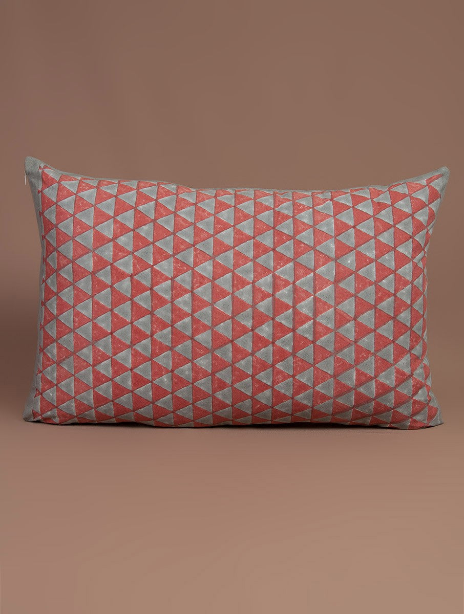 Red-Grey Cotton Hand-Block Printed Pillow Cover - MYYRA