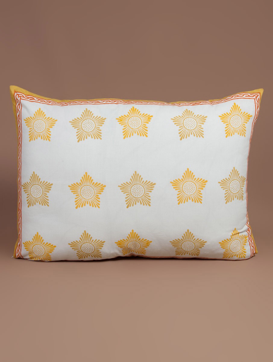 Yellow, white and orange hand block printed organic cotton pillow cover | Myyra Jaipur