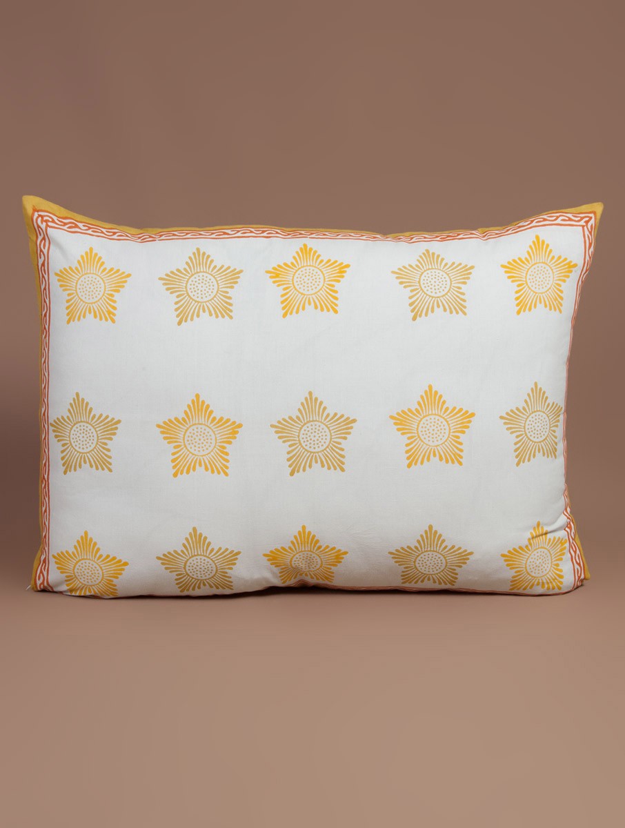 Yellow-White-Orange Cotton Hand-Block Printed Pillow Cover - MYYRA