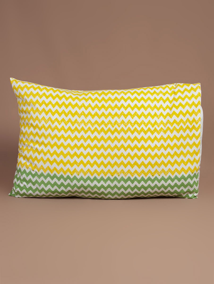Yellow, white and green hand block printed organic cotton pillow cover | Myyra Jaipur