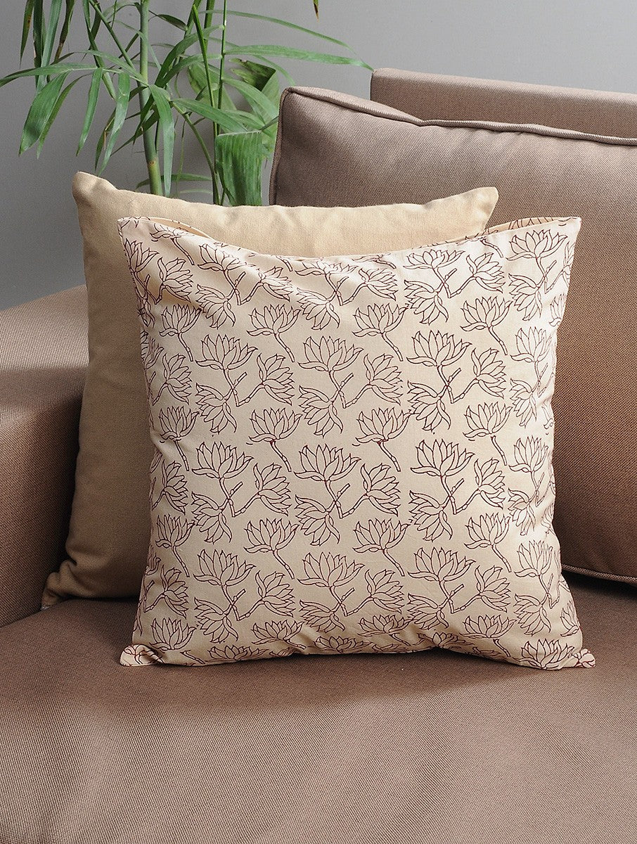 Hand block printed organic cotton cushion cover with floral pattern | Myyra Jaipur