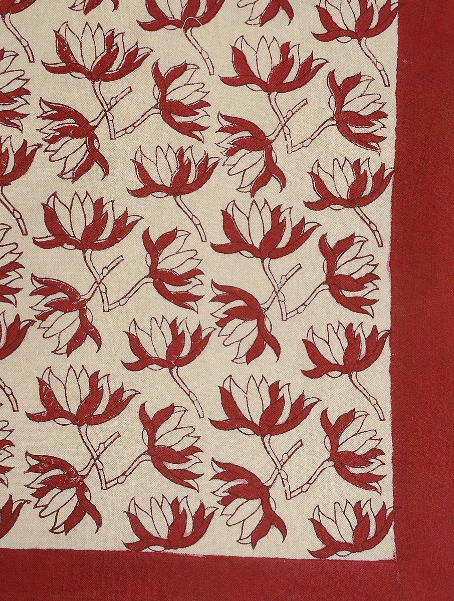 Close-up of red floral jaal hand block print on organic cotton bed sheet | Myyra Jaipur