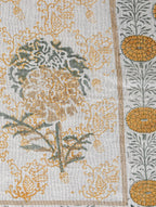 Close-up of hand block print on organic cotton table cover | Myyra Jaipur