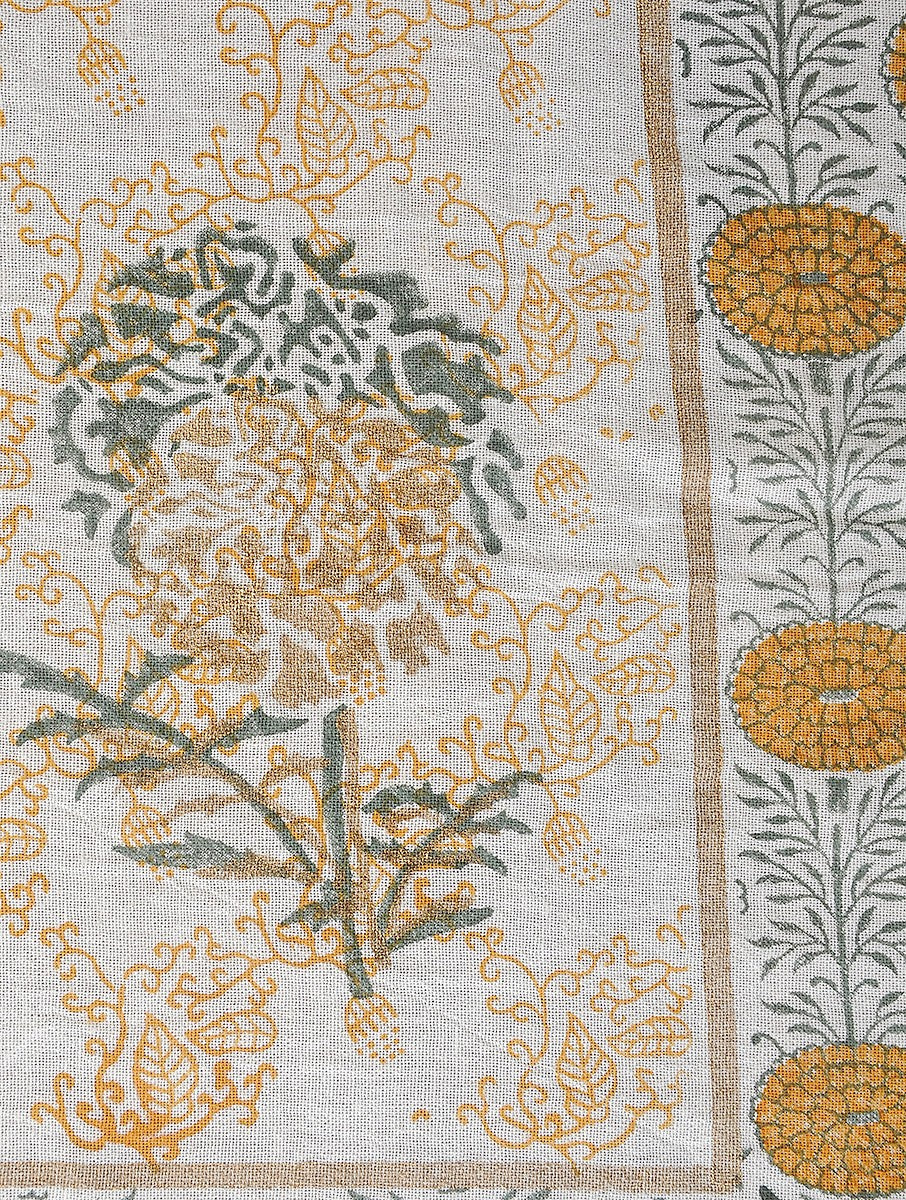 Close-up of hand block print on organic cotton table cover | Myyra Jaipur