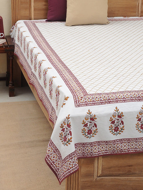Maroon and gold hand block printed organic cotton bed cover | Myyra Jaipur
