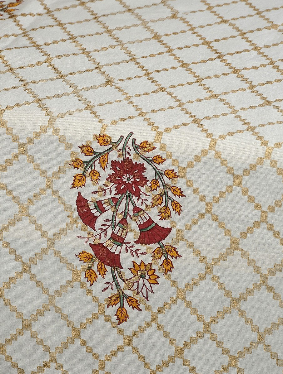 Close-up of hand block print on organic cotton table cover | Myyra Jaipur