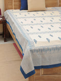 Blue hand block printed organic cotton bed cover with leaf motif pattern | Myyra Jaipur