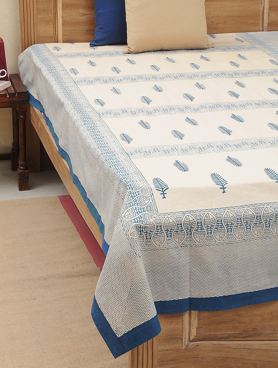Bed Cover Block Printed Blue Leaf Design - MYYRA