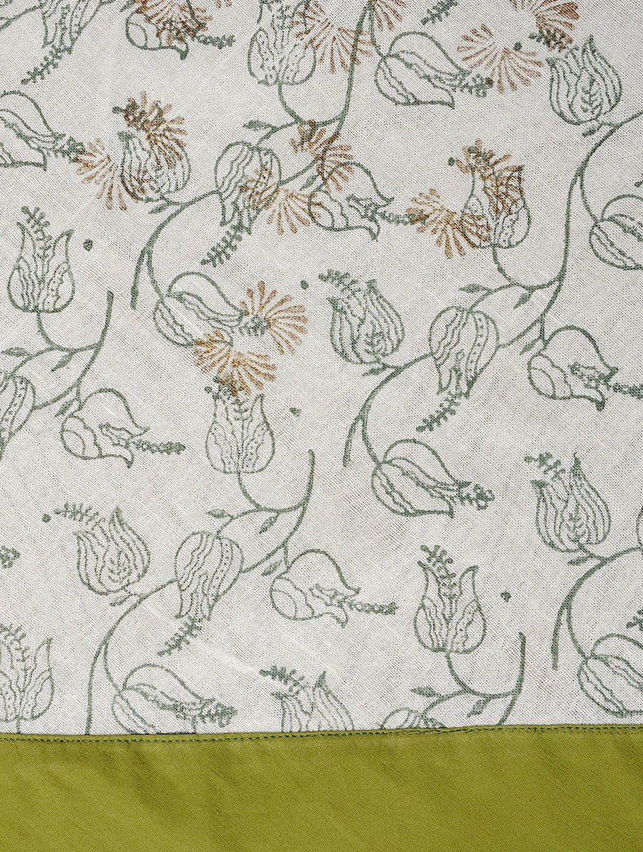 Close-up of hand block print on organic cotton table cover | Myyra Jaipur