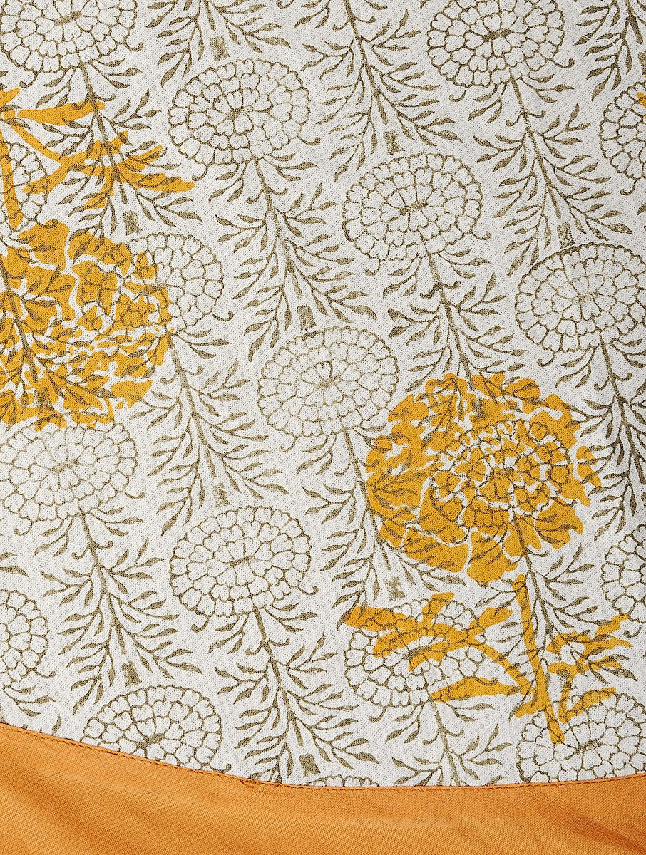 Close-up of hand block print on organic cotton table cover | Myyra Jaipur