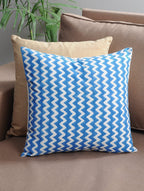 Blue hand block printed organic cotton cushion cover with zigzag pattern | Myyra Jaipur